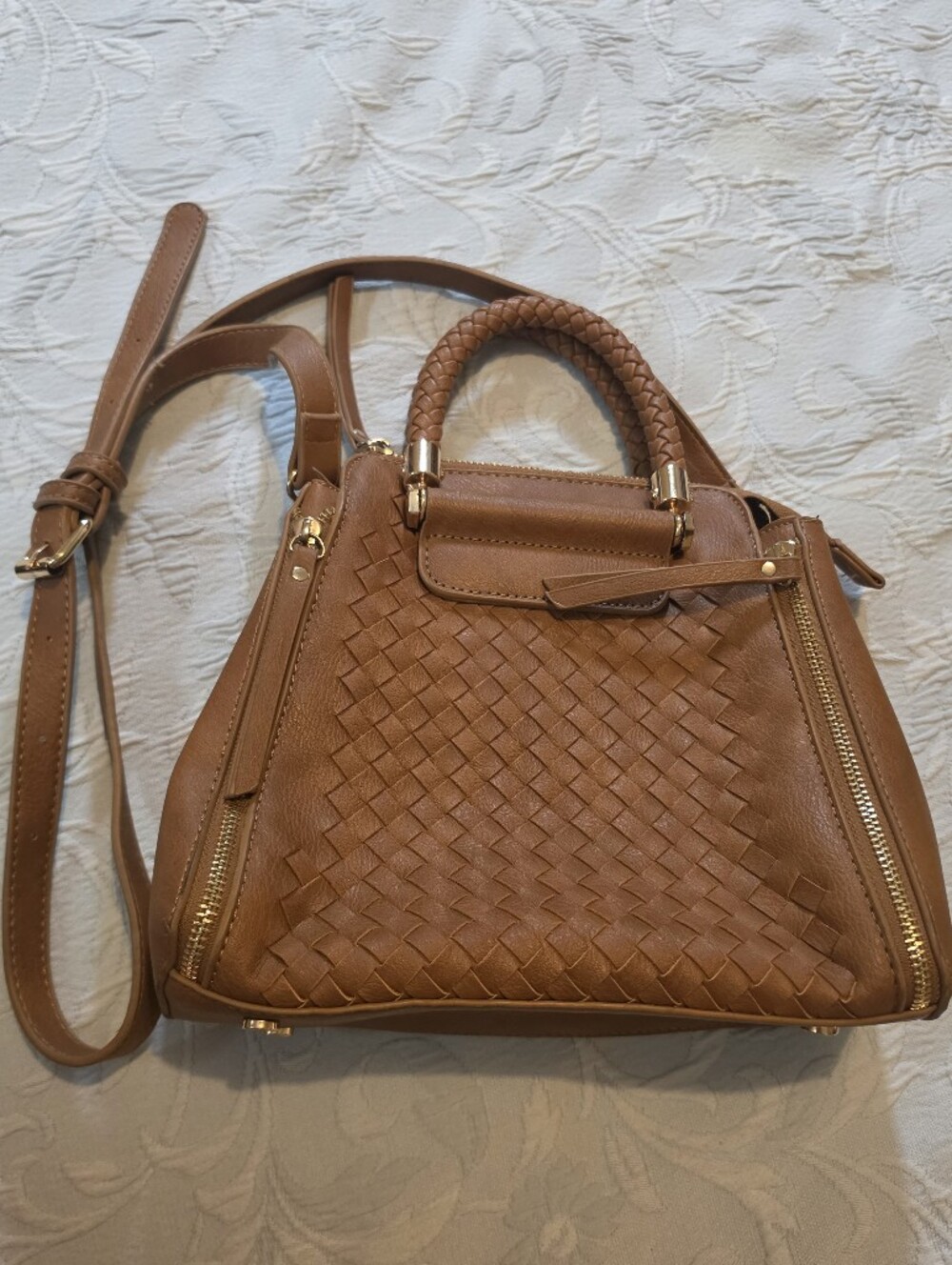 Madison West Tan Woven Satchel with Braided Handle